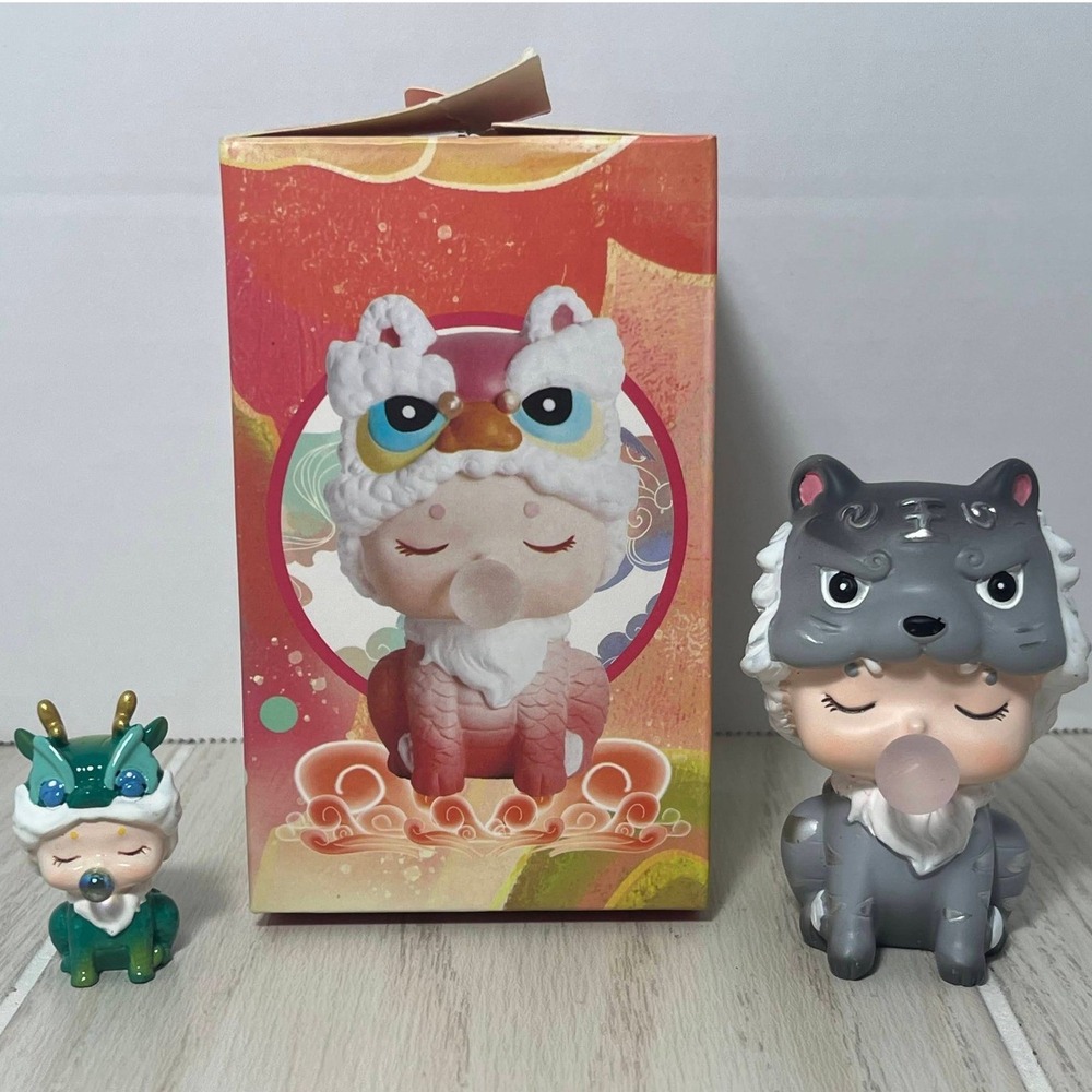 Fetish Go Lucky Auspicious Beast Gray Green Lot of 2 Tiger Wolf Figure Bubble